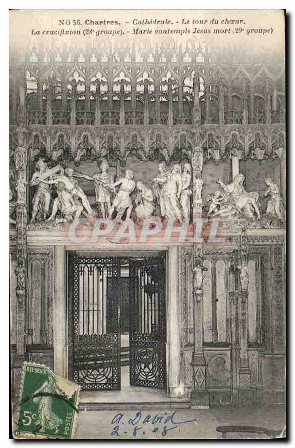 Chartres - Cathédrale - Le tour du chœur. La crucifixion (28e groupe) - Marie contemple Jésus mort (29e groupe)