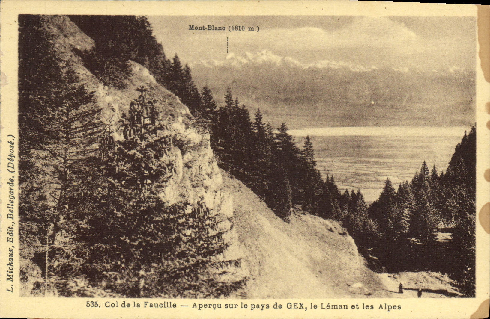 Col de la Faucille — Aperçu sur le pays de GEX, le Léman et les Alpes — L. Michaux, Édit., Bellegarde (Déposé.)