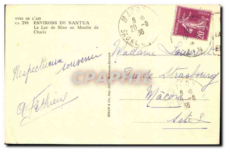 Le Lac de Silan au Moulin de Charix — VUES DE L'AIN CA 298 — Braun & Cie, Mulhouse-Dornach — Reverso