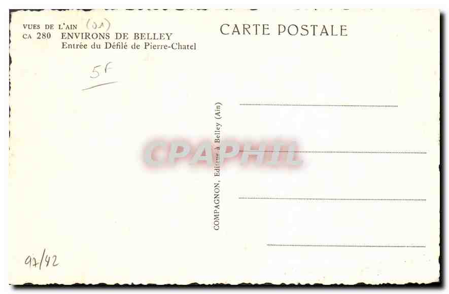 CPA Vues de l'Ain Environs de Belley Entree du Defile de Pierre Chatel  — Rückseite