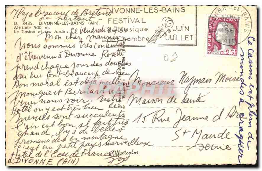 Divonne-les-Bains — Le Casino et ses Jardins — Festival Musique de Chambre — Éditeur : CPAPHIL — Verso