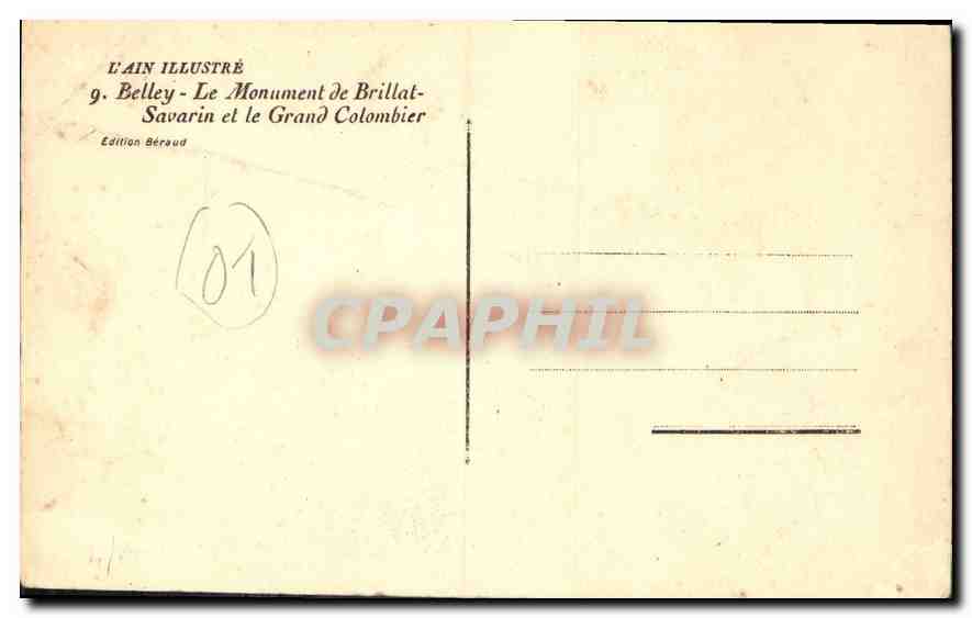 CPA L'Ain illustre Belley Le Monument de Brillat Savarin et le grand Colombier  — Back