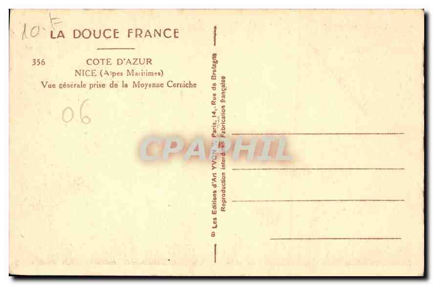 CPA La Douce France Cote d'Azur Nice Alpes Maritimes vue generale prise de la Moyenne Corniche  — Rückseite