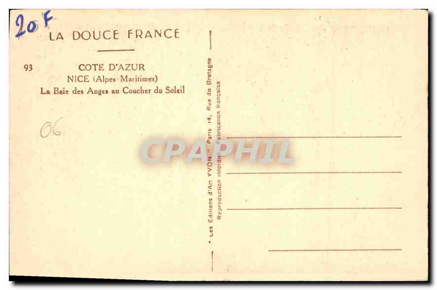 CPA La Douce France Cote d'Azur Nice Alpes Maritimes la Baie des Anges au Coucher du Soleil  — Rückseite