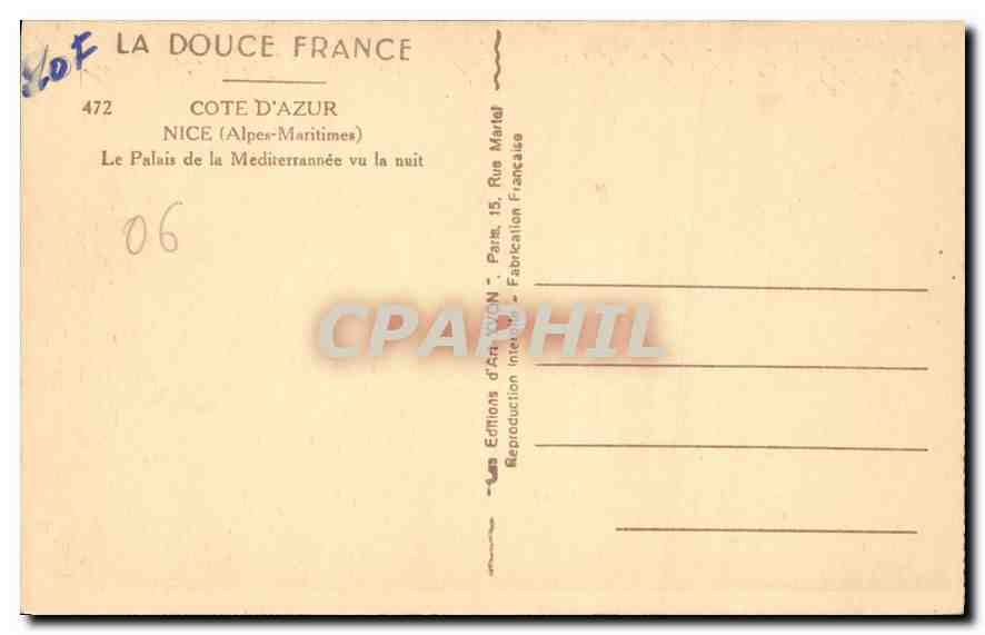 CPA La Douce France Cote d'Azur Nice Alpes Maritimes Le Palais de la Mediterrannee vu la nuit  — Rückseite