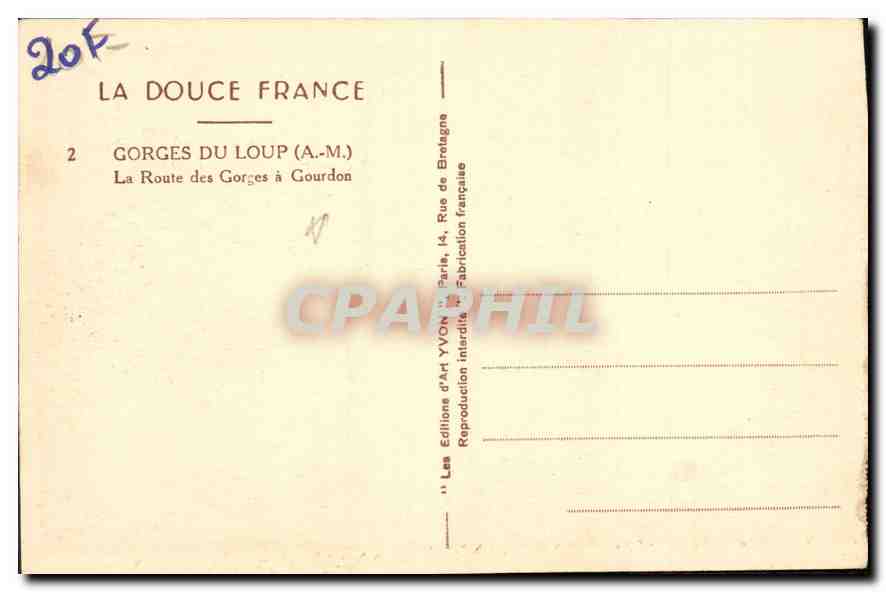 Gorges du Loup (A.M.) — La Route des Gorges à Gourdon — Édition d'Art Yvon — Verso