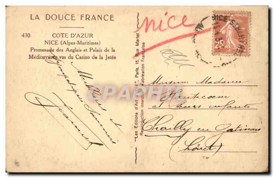CPA La Douce France Cote d'Azur Nice Alpes Maritimes Promenade des Anglais et Palais de la Mediterra — Rückseite