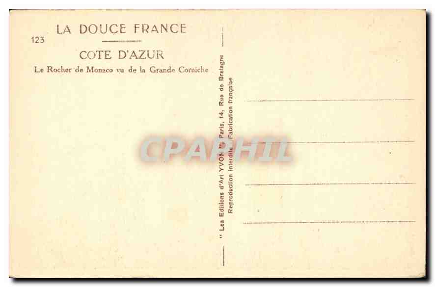 CPA La Douce France Cote d'Azur Le Rocher de Monaco vu de la Grande Corniche  — Rückseite