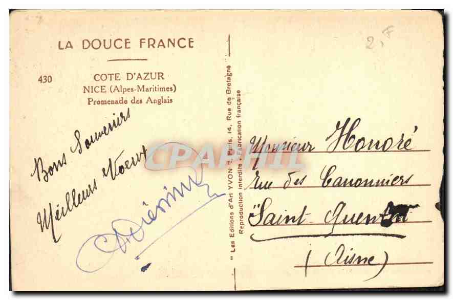 CPA La Douce France Cote d'Azur Nice Alpes Maritimes Promenade des Anglais  — Rückseite