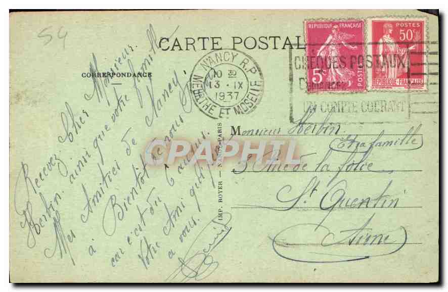 NANCY - Place Thiers — Hôtel Thiers et Hôtel Excelsior — éditeur Imp. Royer, Paris, n° 100 — Reverso