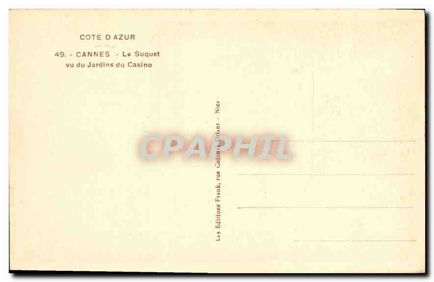 CPA Cote d'Azur Cannes Le Suquet vu du Jardins du Casino  — Rückseite
