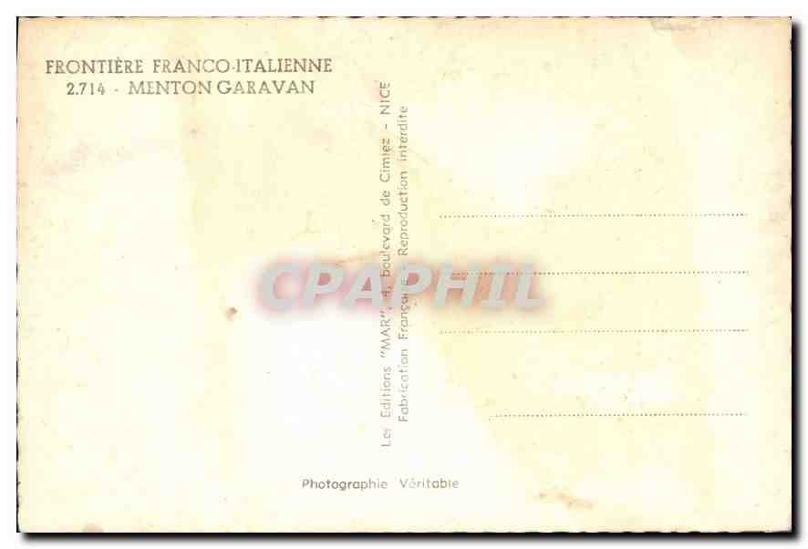 CPA Frontiere Franco Italienne Menton Garavan  — Rückseite