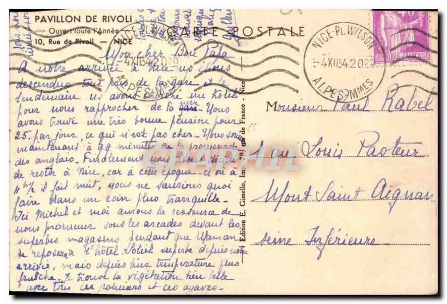 CPA Hotel Pavillon de Rivoli Nice  — Rückseite