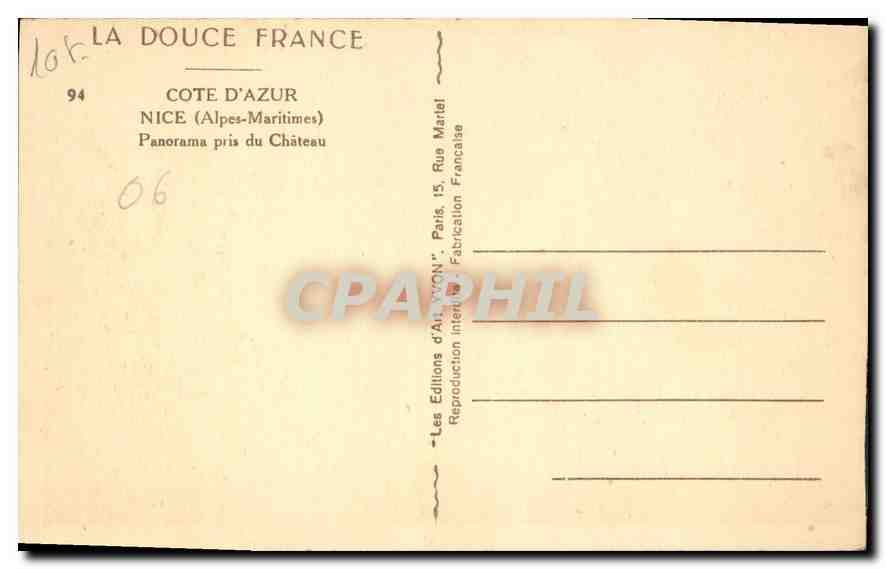 CPA La Douce France Cote d'Azur Nice Alpes Maritimes Panorama pris du Chateau  — Rückseite