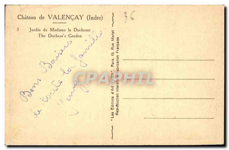 CPA Chateau de Valencay Indre Jardin de Madame la Duchesse  — Back