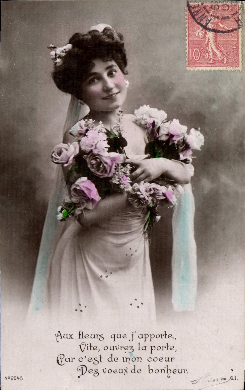 Junge Frau in Hochzeitskleid mit Blumenstrauß — Nr. 2045 — G.I. (Verlag)