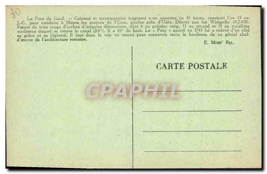 CPA Le Pont du Gard Perspective en amont sur la rive droite du Gardon  — Rückseite