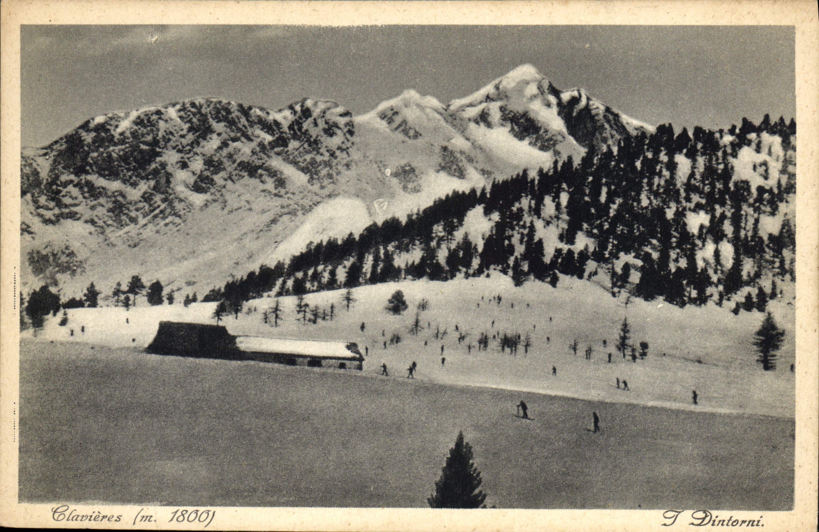 Clavières (m. 1800) — vue de montagne enneigée avec skieurs — J. Dintorni