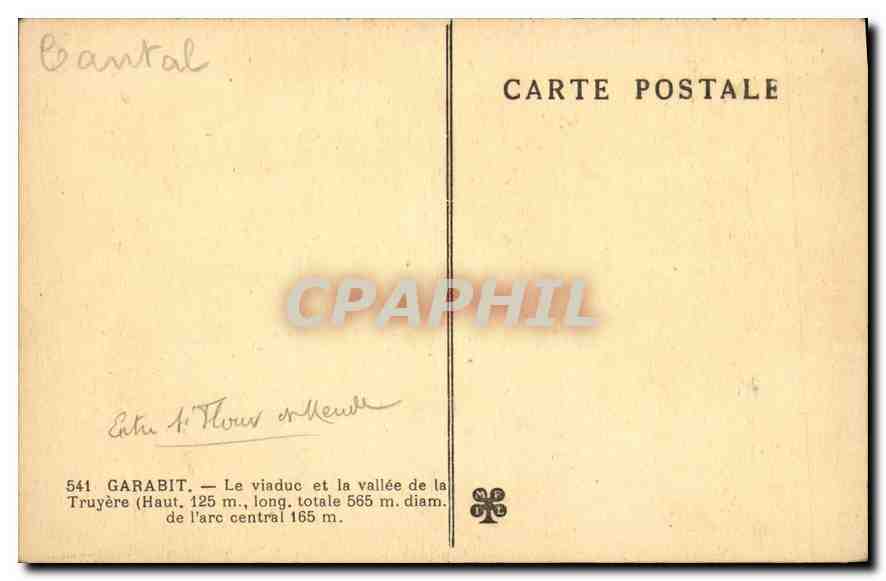 CPA Garabit Le Viaduc et la Vallee de la Truyere  — Rückseite