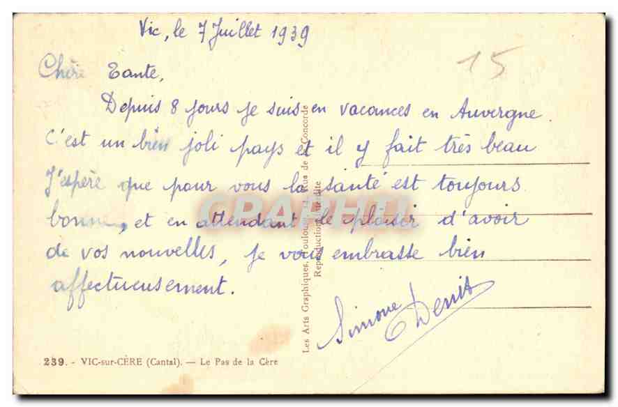 CPA Vic sur Cere Cantal Le Pas de la Cere  — Verso