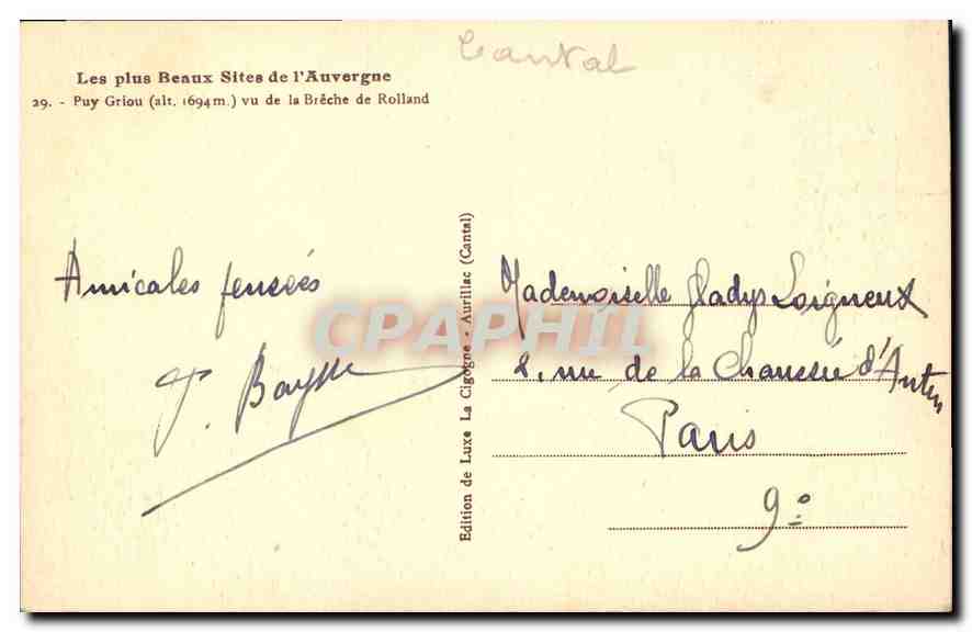 Puy Griou (alt. 1694 m.) vu de la Brèche de Rolland — Les plus Beaux Sites de l'Auvergne, édition de Luxe La Cigogne - Aurillac (Cantal) — Reverso