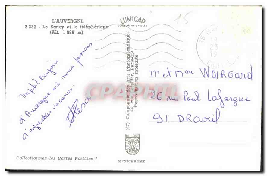 CPA L'Auvergne Le Sancy et le telepherique  — Verso