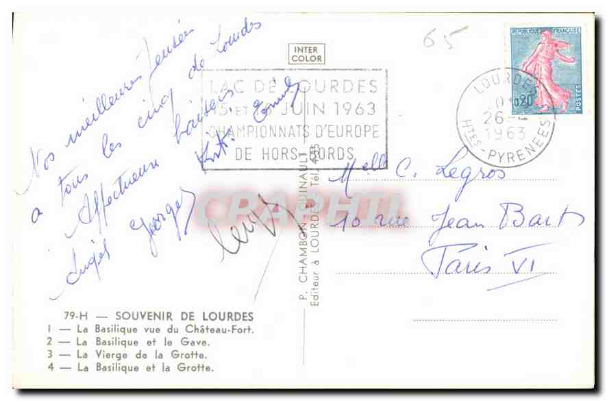 CPA Souvenir de Lourdes La Basilique vue du Chateau Fort La Basilique et le Gave La Vierge de la Gro — Verso