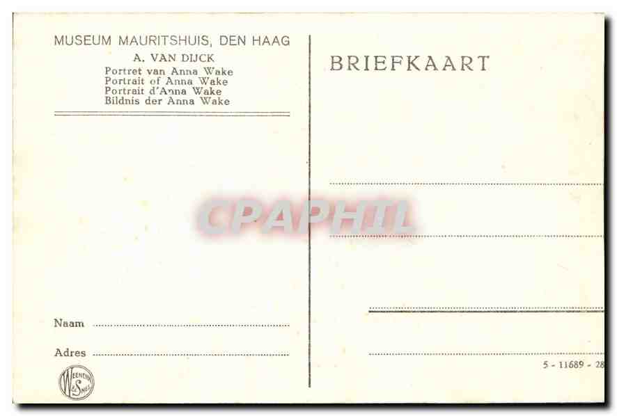 CPA Museum Mauritshuis den Haag A Van Dijck Portrait d'Anna Wake  — Verso