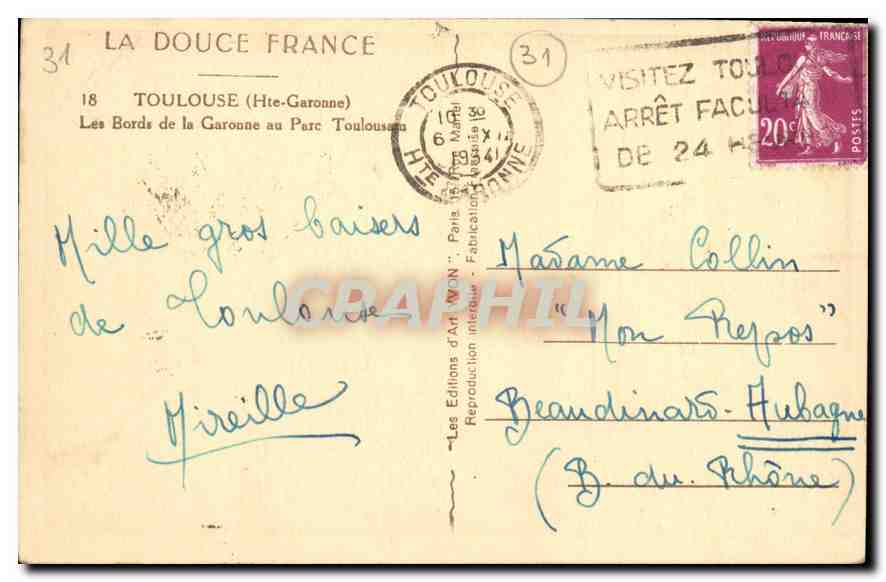 CPA La Douce France Toulouse Hte Garonne les Bords de la Garonne au Perc  — Verso