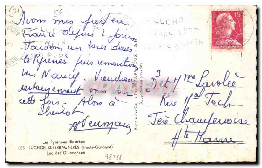 CPA Les Pyrenees Illustrees Luchon Superbagneres Haute Garonne Lac des Quinconces  — Rückseite