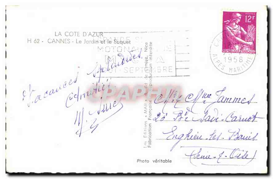 CPA la Cote d'Azur Cannes le Jardin et le Suquet  — Verso