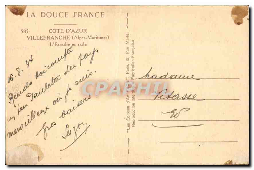 CPA Cote d'Azur Villefranche Alpes Maritimes L'Escadre en rade  — Rückseite