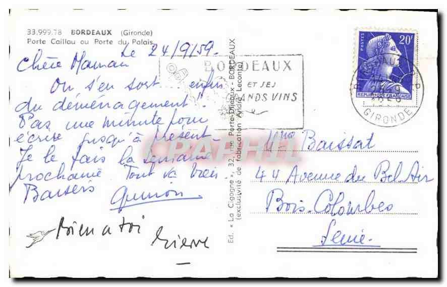 CPA La Cigogne Bordeaux Gironde Porte Caillau ou Porte du Palais  — Verso