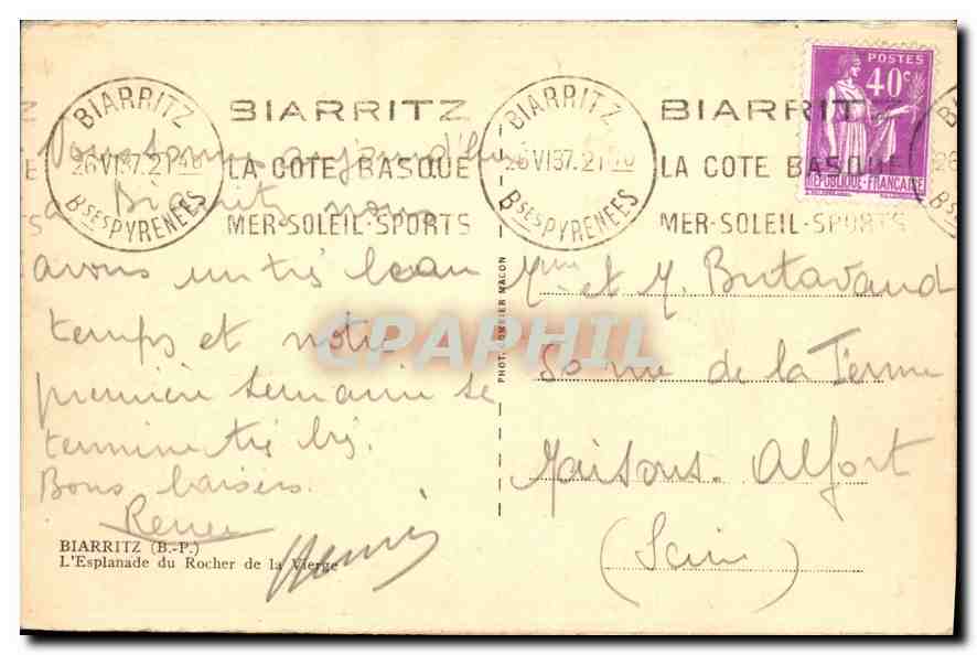 Le Rocher de la Mère — Biarritz — Phot. Olier Valcon — Verso