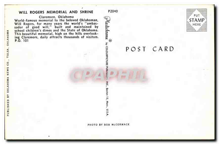 CPA Will Rogers Memorial and Shrine Claremore Oklahoma  — Verso