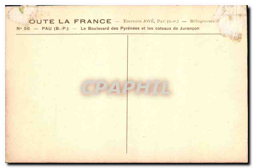 Le Boulevard des Pyrénées et les coteaux de Jurançon — Éditions Jové, Pau (B.P.) — N° 56 — Reverso