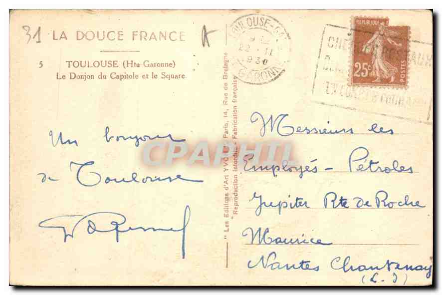 CPA Toulouse Hte Garonne Le Donjon du Capitole et le Square  — Verso