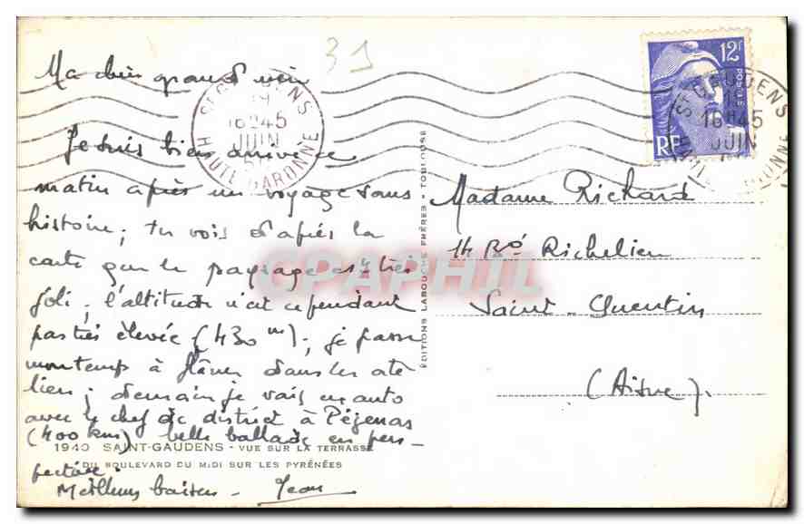 Saint-Gaudens — Aussicht von der Terrasse — Verlag: Éd. Labouche Frères — Rückseite