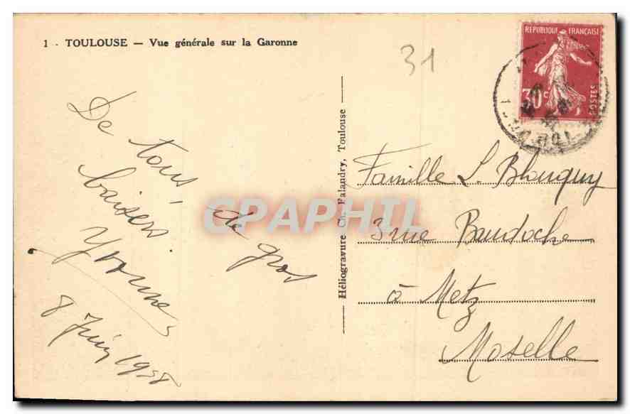 Toulouse — Vue générale sur la Garonne — Héliogravure C. Palandry — Verso