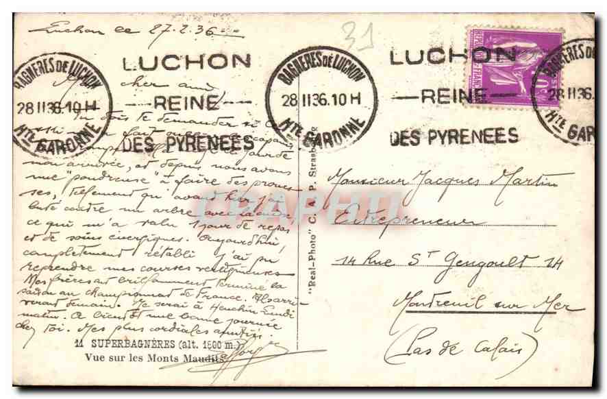 Vue sur les Monts Maures (Alt. 1500 m) — Luchon, Pyrénées — éditeur 'Real-Photo' C. P. Strasberg — Reverso
