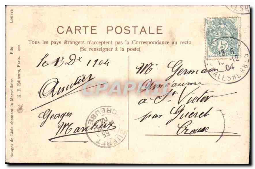 George Mancbeux chantant à la Louvre — K. F. Editeurs la Marseillaise, Paris, n° 882 — Verso