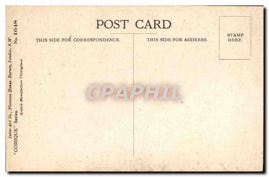 Un homme en costume écossais — humour — Inter-Art Co., Florence House, London, S.W. — Série COMIQUE, N° 1648 — Verso