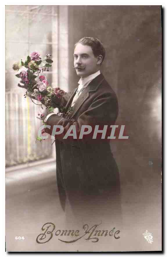 CPA Bonne Annee Homme Fleurs