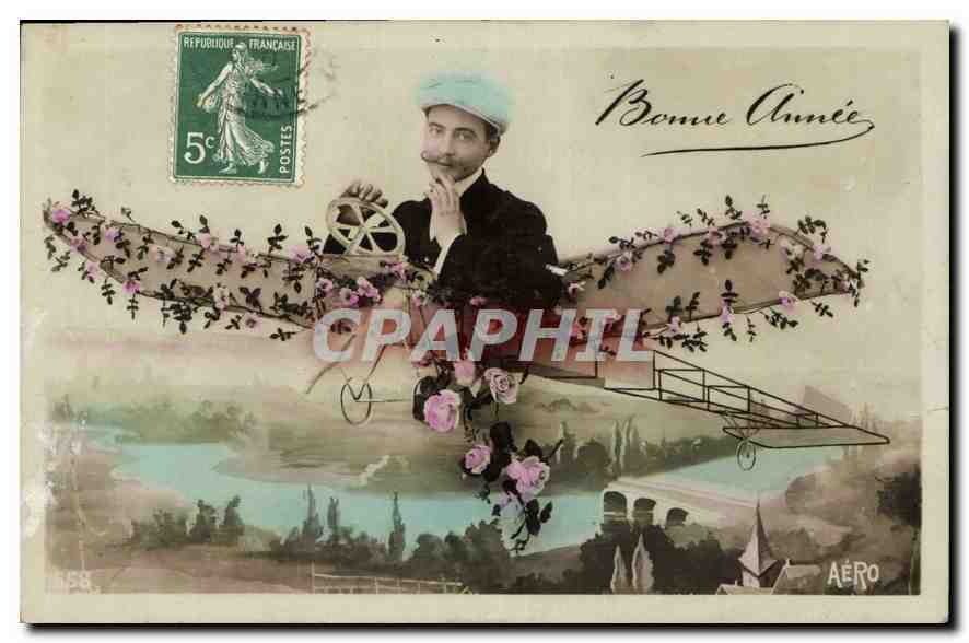 CPA Bonne Annee Homme Avion Aviation