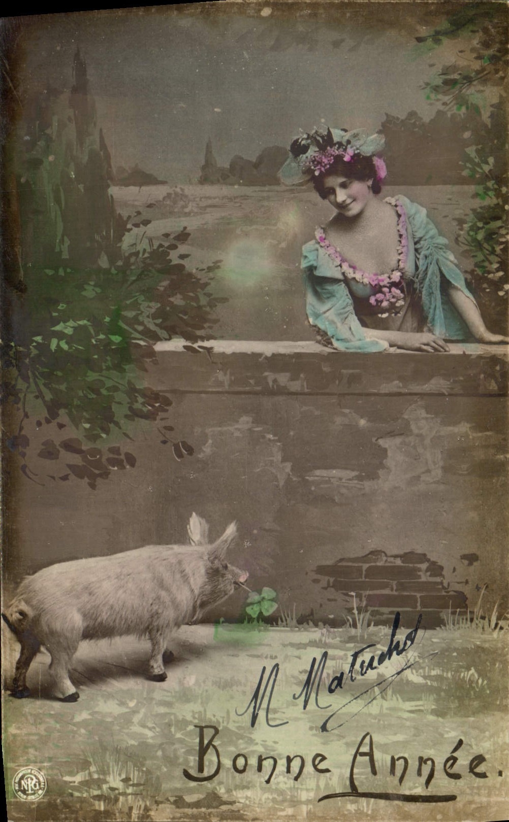 CPA Bonne Annee Femme  cochon Porc