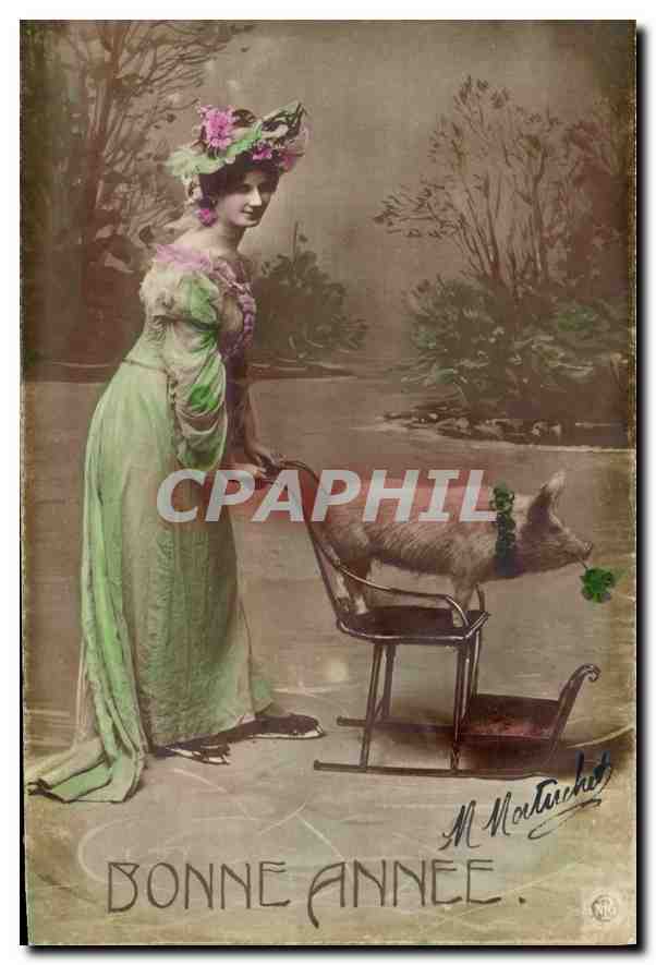 Frau in grüner Robe und Schwein auf Wagen — M. Nautuchet — 1904
