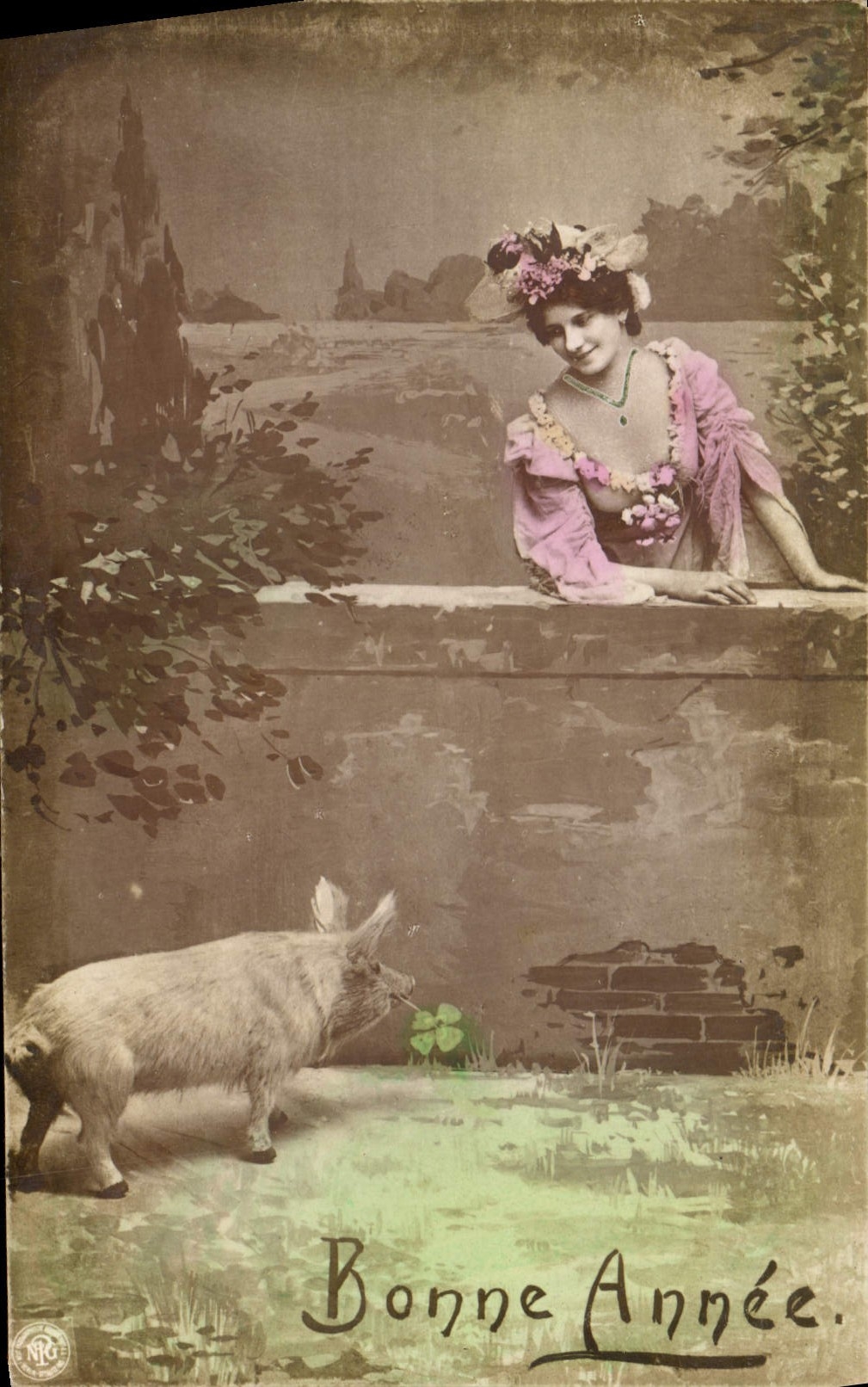 CPA Bonne Annee Femme  cochon Porc