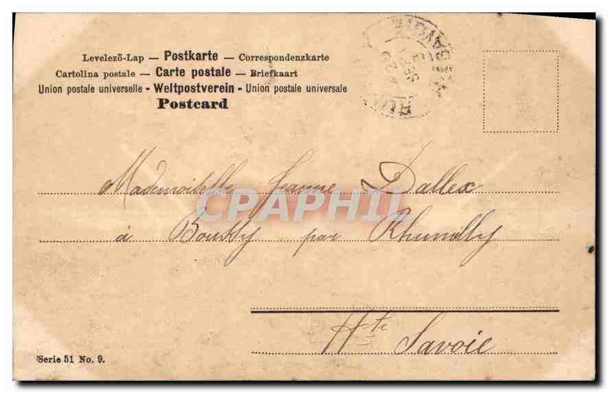 Femme sous fleurs — scène de jardin — éditeur N.P.C. — série 51 n° 9 — Reverso