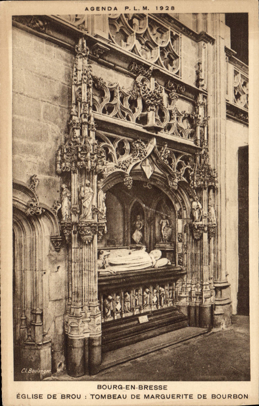 Église de Bourg-en-Bresse : tombeau de Marguerite de Bourbon — Agenda P.L.M. 1928, éditeur Cl. Boulanger