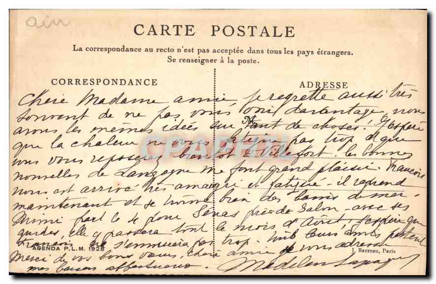 Église de Bourg-en-Bresse : tombeau de Marguerite de Bourbon — Agenda P.L.M. 1928, éditeur Cl. Boulanger — Rückseite